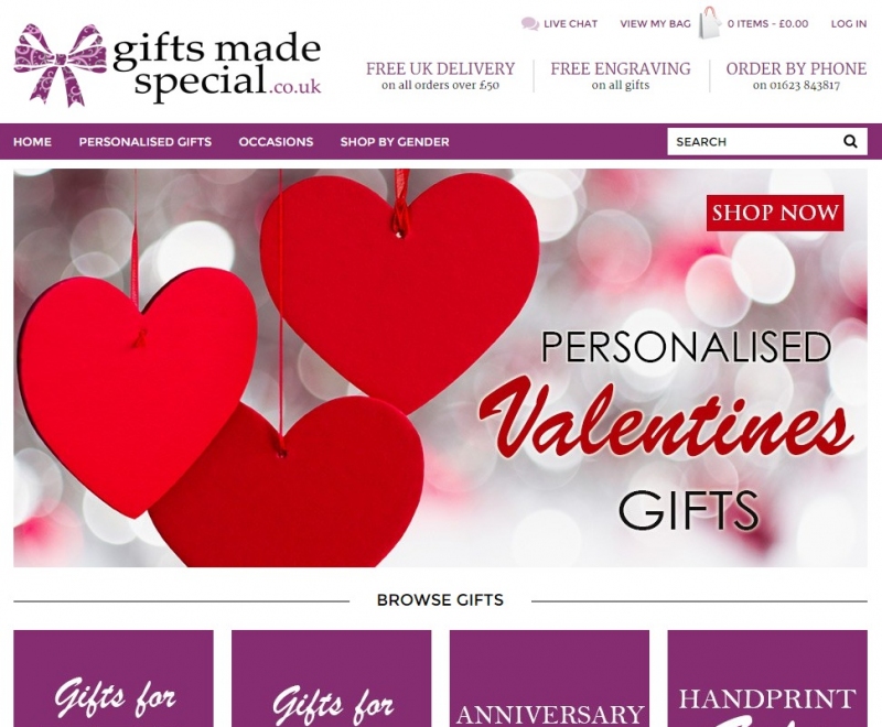 Red and white Valentine Day hearts catch your eye on the landing page of this ecommerce website design.