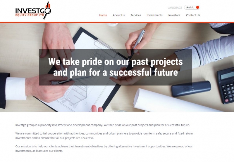 Large, crisp images effectively showcase the services offered by Investgo on their website home page.