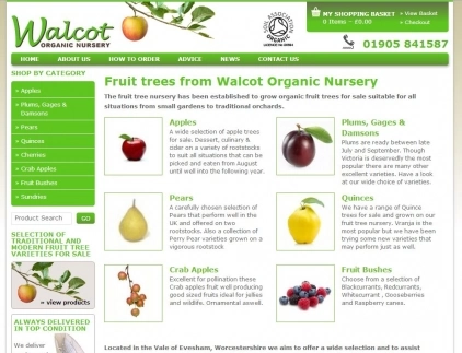 Green and white website home page featuring categories of fruit trees for sale.