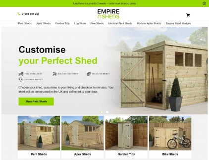 Close up of a wooden garden shed on the home page of this website design.