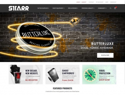 Tattoo products on display on the STARR ecommerce website home page