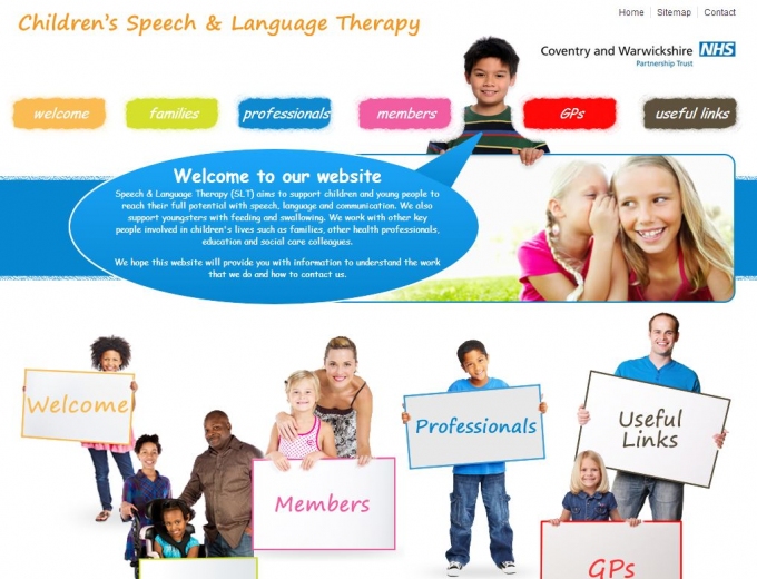 Children in lots of different poses on the landing page of this health service provider website.