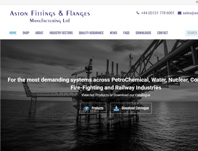 Oil platform out at sea featured on the home page of the Aston Fittings website design.
